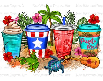 Puerto Rico coffee cups png sublimation design download, Puerto Rico flag png, floral coffee cups png, sublimate designs download