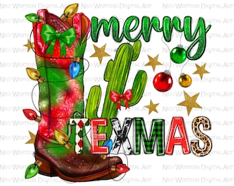 Puede incluir: Una bota vaquera roja, verde y blanca con luces de Navidad envueltas a su alrededor. La bota está junto a un cactus verde con un lazo rojo. El texto "merry texmas" está en el fondo.