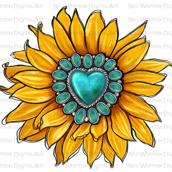 Sunflower and turquoise gemstone png sublimation design download, sunflower png, gemstone design png, sublimate designs download