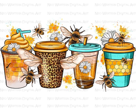 Bumble bee coffee cups png sublimation design download, sunflowers coffee cups png design, hand drawn Bumble bee png, sublimate download