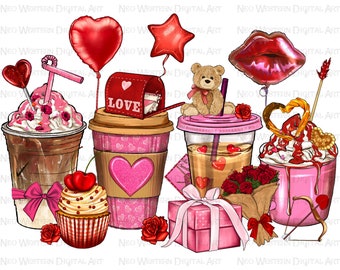 Bebidas de café del Día de San Valentín png diseño de sublimación, Día de San Valentín png, Bebidas de café de San Valentín png, sublimar diseños descargar