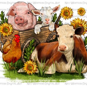 Farm animals wagon western png sublimation design download, farm life png, animals png, western sunflower png, sublimate designs download
