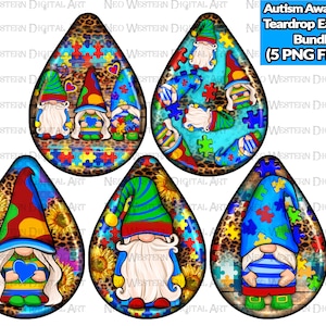 Autism awareness teardrop earrings bundle png sublimation design download, Autism gnome png, Autism png, sublimate designs download