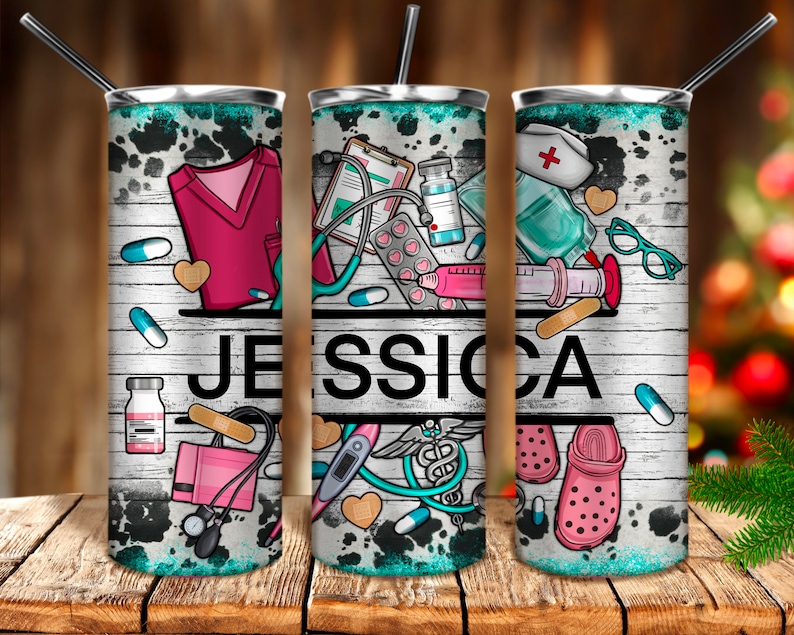 May include: Three stainless steel tumblers with a white woodgrain background. The tumblers feature a variety of medical-themed illustrations, including a stethoscope, pills, bandages, and a nurse's uniform. The name "JESSICA" is printed on the middle tumbler.