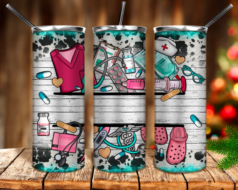 May include: Three stainless steel tumblers with a white woodgrain background and colorful medical illustrations. The tumblers feature a nurse's cap, stethoscope, pills, bandages, and a pair of pink clogs.