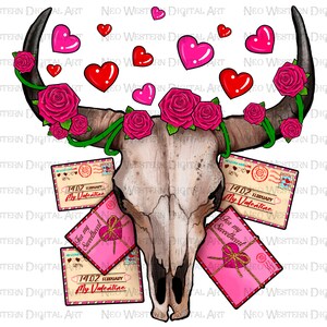 Valentinstag Stierschädel png sublimation design download, Happy Valentine es Day png, western Stierschädel png, sublimate designs download