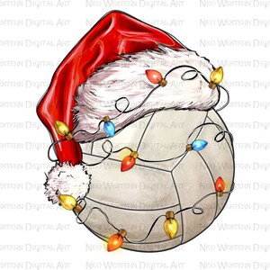May include: A white volleyball with a red and white Santa hat and a string of colorful Christmas lights wrapped around it.