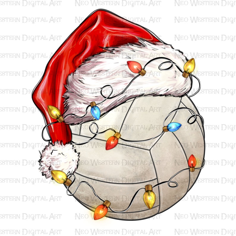 May include: A white volleyball with a red and white Santa hat and a string of colorful Christmas lights wrapped around it.