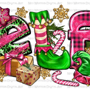 Puede incluir: Un diseño de arte de palabras "Elf" en rosa y verde con un tema navideño. Las letras están decoradas con estampado de leopardo, cuadros y purpurina. El diseño incluye una bota de elfo verde, un bastón de caramelo y un regalo envuelto.