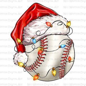 May include: A white baseball with red stitching is decorated with a red and white Santa hat and a string of colorful Christmas lights.