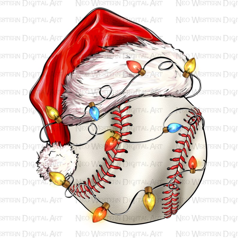 May include: A white baseball with red stitching is decorated with a red and white Santa hat and a string of colorful Christmas lights.