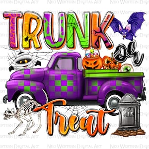 May include: A purple and green checkered truck with the words "TRUNK or TREAT" in orange, green, and black. The truck bed holds a jack-o'-lantern, candy, and a spooky eyeball. A skeleton cat, mummy, bat, and tombstone complete the Halloween theme.