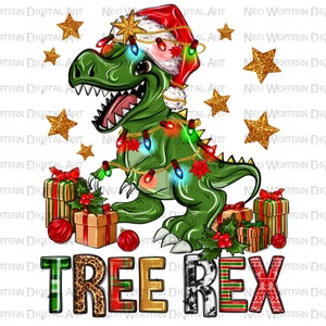May include: A green dinosaur wearing a Santa hat is decorated with Christmas lights and ornaments. The dinosaur is standing on a white background with the words "TREE REX" in colorful letters below it.
