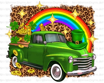 St. Patrick's shamrock leopard gold rainbow truck png sublimation design download, St. Patricks Day png, shamrock png, sublimate download