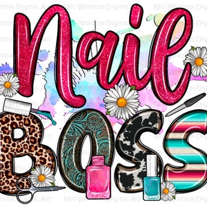 Può includere: Design Nail Boss con lettering glitter rosa, stampa leopardata, design a motivi turchese e bianco e motivo in pelle di mucca. Il design include anche bottiglie di smalto per unghie, tagliaunghie e margherite.