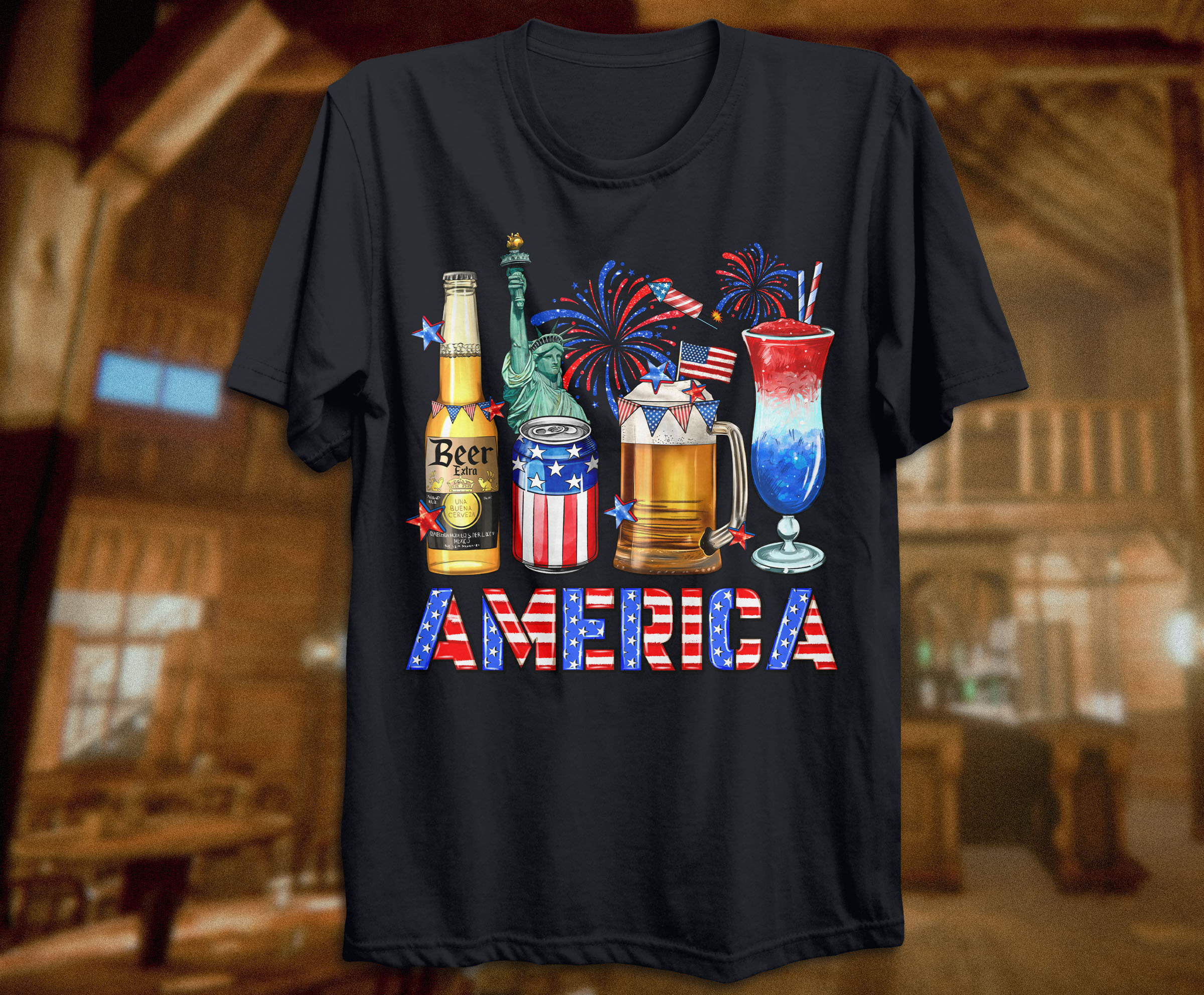 May include: A black t-shirt with a graphic of a beer bottle, a can of beer, a glass of beer, a glass of red, white, and blue cocktail, and fireworks. The text "AMERICA" is printed in red, white, and blue letters below the graphic.