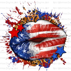 Leopard American flag lips png sublimation design download, 4th of July png, Independence Day png, USA flag png, sublimate designs download image 1