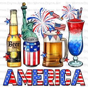 May include: A patriotic illustration of American Independence Day featuring a beer bottle, a can of beer, a beer mug, a red, white, and blue cocktail, and the word "AMERICA" in red, white, and blue letters.