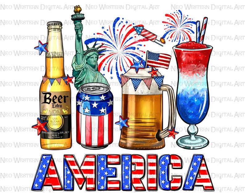 May include: A patriotic illustration of American Independence Day featuring a beer bottle, a can of beer, a beer mug, a red, white, and blue cocktail, and the word "AMERICA" in red, white, and blue letters.