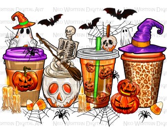 Halloween skull coffee cups png sublimation design download, Happy Halloween png, spooky season png, Halloween vibes png, sublimate download