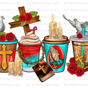 Puede incluir: Cuatro tazas de caf&eacute; con im&aacute;genes religiosas. Las tazas est&aacute;n decoradas con cruces, palomas, rosas, velas y una biblia. Las tazas son de diferentes colores y tienen diferentes dise&ntilde;os.