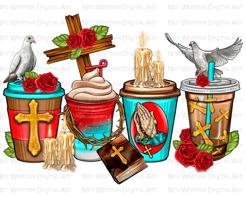 Puede incluir: Cuatro tazas de caf&eacute; con im&aacute;genes religiosas. Las tazas est&aacute;n decoradas con cruces, palomas, rosas, velas y una biblia. Las tazas son de diferentes colores y tienen diferentes dise&ntilde;os.