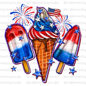 May include: A digital illustration of a red, white, and blue ice cream cone, two popsicles, and fireworks. The ice cream cone is topped with a red, white, and blue swirl and has a chocolate drizzle. The popsicles are red, white, and blue and have a star design. The fireworks are red, white, and blue and are exploding in the background.