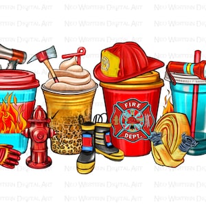 以下が含まれることがあります： 消防士をテーマにした5つのイラストのセット。イラストには、赤い消火栓、赤と青の消火器、消防署のロゴが入った赤いコーヒーカップ、ヒョウ柄の黄色と茶色のコーヒーカップ、ストローと懐中電灯が付いた青と白のカップが含まれています。
