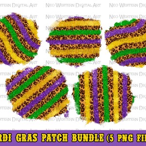 May include: Five digital clipart images of Mardi Gras themed patches. Each patch features a gold, green, and purple glitter background with a leopard print overlay. The patches are in a circle shape with a rough, distressed edge.