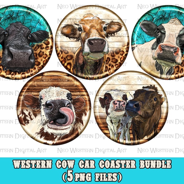 Western Cow car coaster png sublimation design bundle, cow car coaster png, animals png, western car coaster png, sublimate designs download