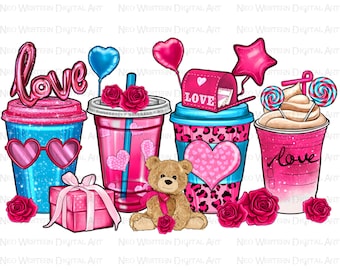 Valentine's Day coffee cups png sublimation design download, coffee cups png design, 14th February png, sublimate designs download