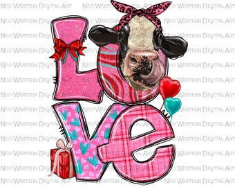 Love Cow Valentine's Day png sublimation design download, Valentine's Day png, Cow png, Valentines animal png, sublimate designs download