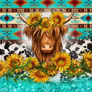 May include: A Highland cow with a brown and white coat wears a crown of sunflowers. The background is a turquoise and brown geometric pattern with a white cowhide pattern.