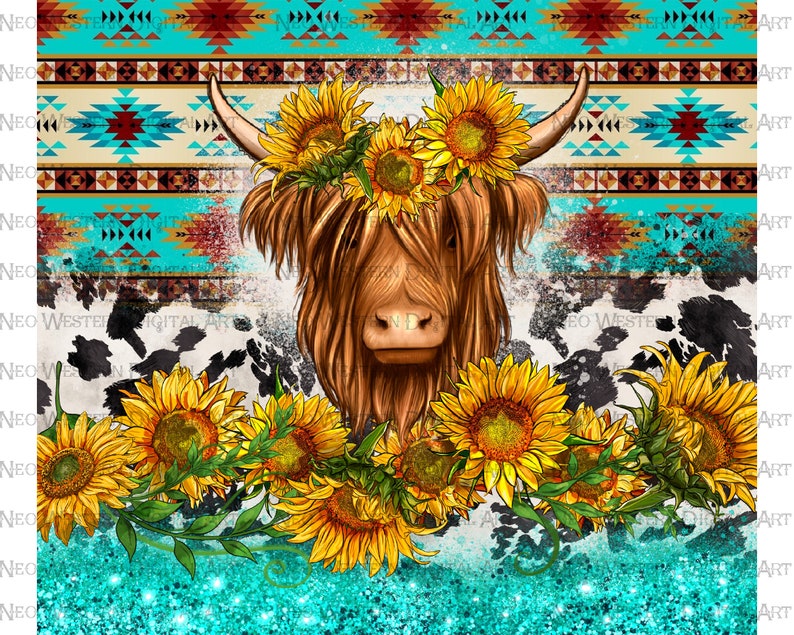 May include: A Highland cow with a brown and white coat wears a crown of sunflowers. The background is a turquoise and brown geometric pattern with a white cowhide pattern.