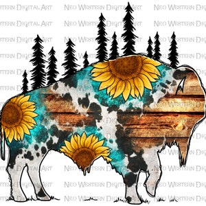 Bisonte ocidental com download de design de sublimação de girassóis, Western bison png, girassol ocidental, western bison png, download de design sublimado