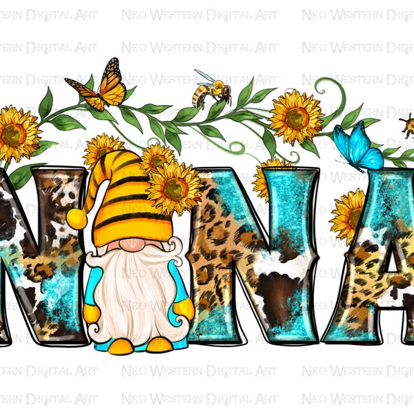 Western nana with gnome and sunflowers png sublimation design download, sunflowers gnome png, nana png, sublimate designs download