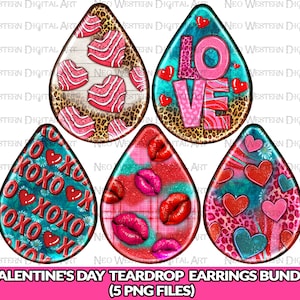 May include: A bundle of five Valentine's Day teardrop earrings with various designs. The earrings feature hearts, the word "LOVE", and "XOXO" patterns. The color palette includes red, pink, teal, and leopard print accents. The text "VALENTINE'S DAY TEARDROP EARRINGS BUNDLE (5 PNG FILES)" is at the bottom.