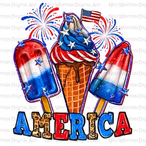 May include: A patriotic design featuring a red, white and blue ice cream cone, two popsicles, and fireworks. The word "AMERICA" is written in bold letters with a leopard print pattern.