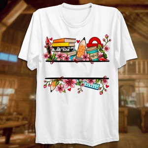 May include: White t-shirt with a design of books, pencils, a ruler, a coffee cup, and pink flowers. The text "Coffee" is on the coffee cup.