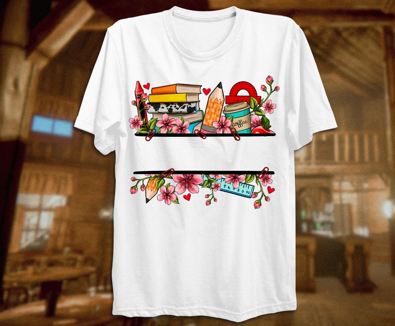 May include: White t-shirt with a design of books, pencils, a ruler, a coffee cup, and pink flowers. The text "Coffee" is on the coffee cup.