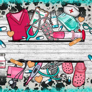 May include: A digital illustration of a white wooden background with various medical supplies scattered on it. The supplies include a stethoscope, a syringe, a blood pressure cuff, a thermometer, a bandage, a pair of glasses, a bottle of pills, a nurse's hat, a scrub top, and a pair of pink clogs.