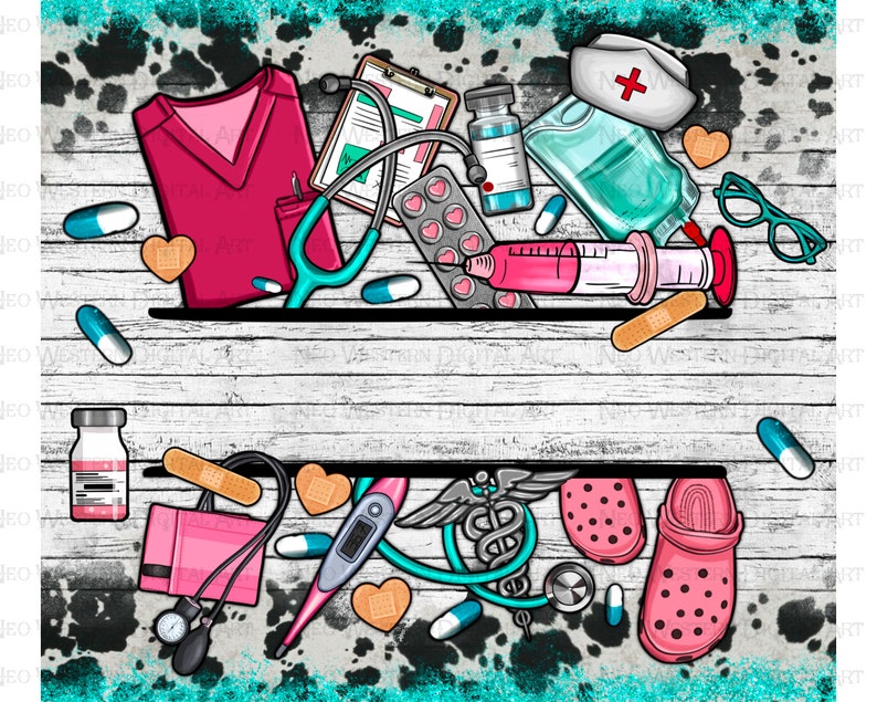 May include: A digital illustration of a white wooden background with various medical supplies scattered on it. The supplies include a stethoscope, a syringe, a blood pressure cuff, a thermometer, a bandage, a pair of glasses, a bottle of pills, a nurse's hat, a scrub top, and a pair of pink clogs.