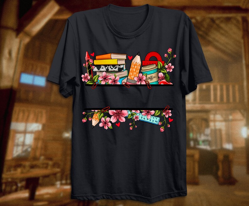 May include: Black t-shirt with a graphic of a shelf with books, pencils, a ruler, a coffee cup, and flowers. The text "Coffee & Books" is on the coffee cup.