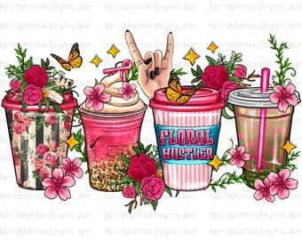 Floral hustler coffee cups png sublimation design download, western coffee cups png design, floral png, sublimate designs download