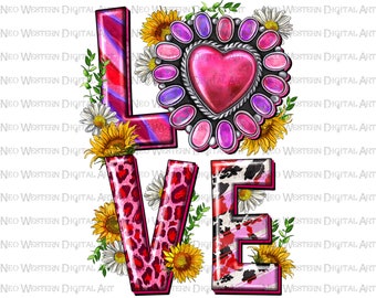 Love Valentine's Day pink gemstone with sunflowers png sublimation design download, Happy Valentine's Day png, sublimate designs download
