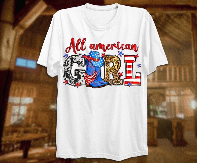May include: White t-shirt with the text "All american GIRL" in red, white, and blue. The letters are decorated with cow print, leopard print, and stars.