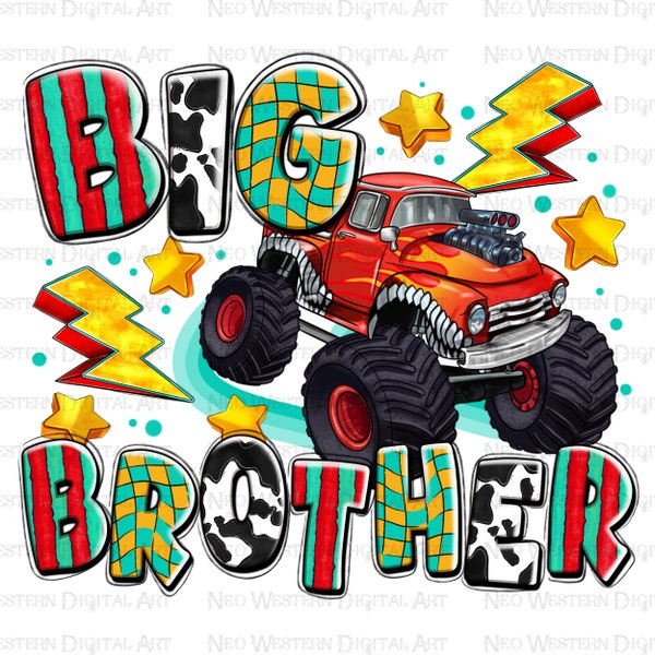 Big brother with monster truck png sublimation design download, monster truck png, brother png,western png design,sublimate designs download