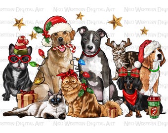 May include: A group of dogs and cats dressed in festive Christmas attire. A golden retriever wearing a Santa hat holds a candy cane, a black and white pit bull wears a red collar, a tabby cat wears reindeer antlers, a dachshund wears a red bandana and a bow, a beagle wears a Santa hat, a French bulldog wears a Santa hat and red glasses, and a Siamese cat sits in front of a brown gift box.