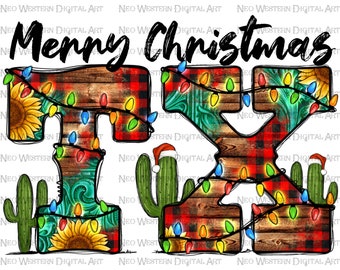Puede incluir: Una ilustración digital de las letras "TX" decoradas con un patrón de cuadros rojos y negros, tablones de madera y remolinos verdes y azules. Las letras están adornadas con una cadena de luces navideñas de colores y girasoles. Dos cactus con gorros de Papá Noel están a cada lado de las letras.