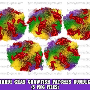 May include: Five digital clipart images of crawfish in a Mardi Gras theme. The crawfish are red and have a cartoon-like appearance. The background is a colorful mix of green, purple, gold, and leopard print.